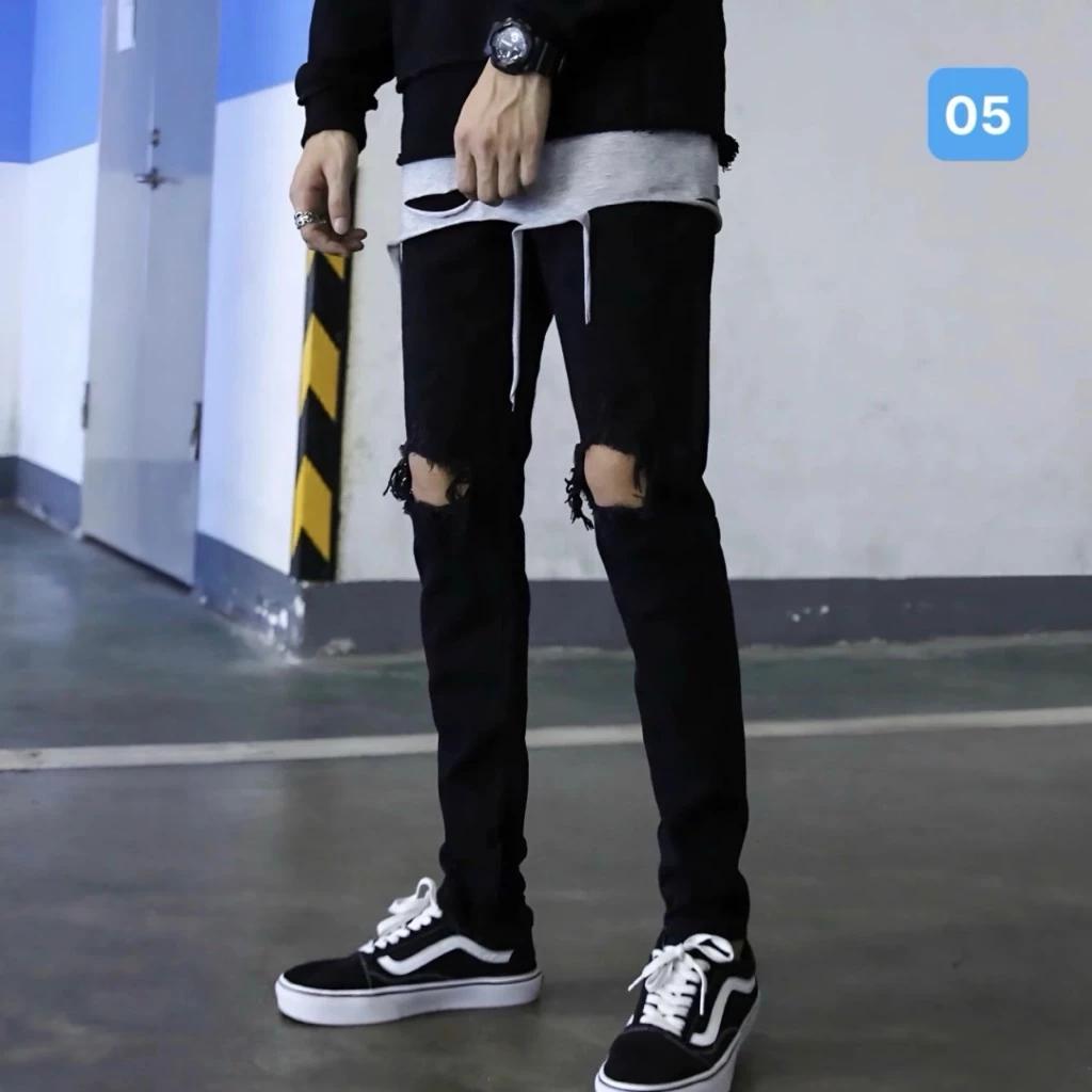 Quần jean nam màu đen rách gối to OBOKFASHION ống suông phong cách hàn quốc co giãn cao cấp dễ phối đồ QDN05