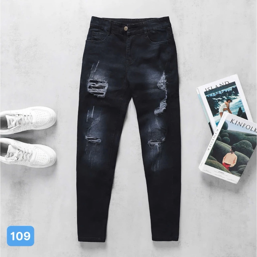 Quần bò nam màu đen rách OBOKFASHION ống suông phong cách hàn quốc co giãn cao cấp dễ phối đồ QDN109