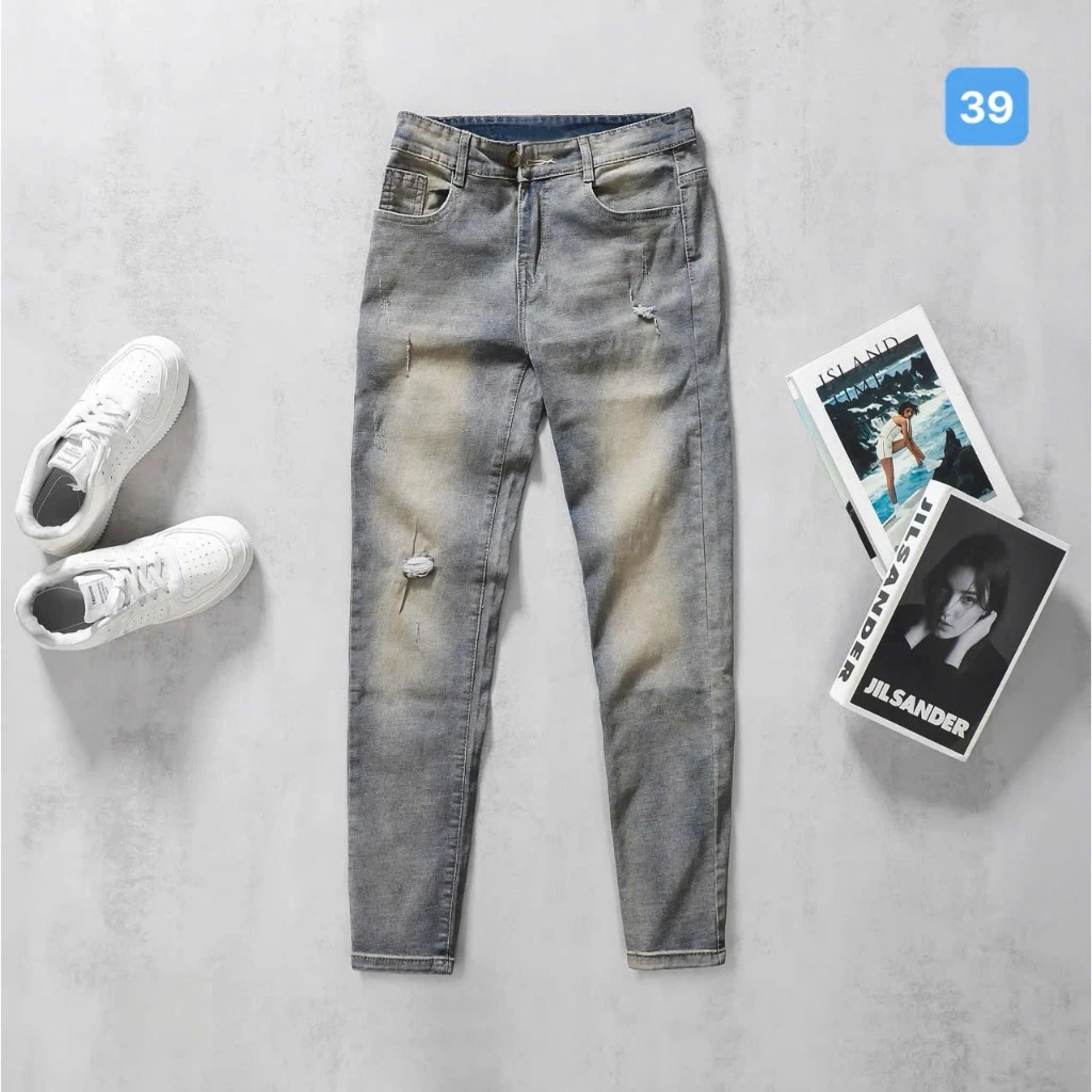 Quần jean nam màu xanh rách OBOKFASHION ống suông phong cách hàn quốc co giãn cao cấp dễ phối đồ QDN039