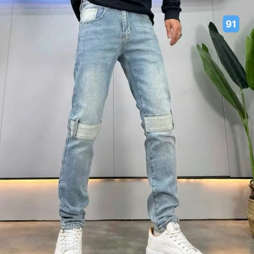 Quần rin nam ống suông OBOKFASHION màu xanh vá gối dễ phối đồ phong cách hàn quốc co giãn cao cấp QDN91