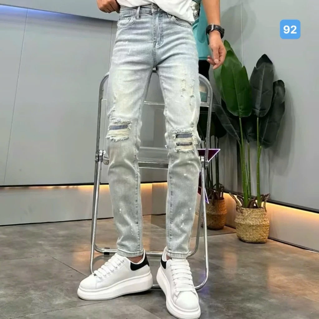 Quần jean dài nam rách xướt phong cách hàn quốc OBOKFASHION dễ phối đồ ống suông màu xanh co giãn cao cấp QDN92