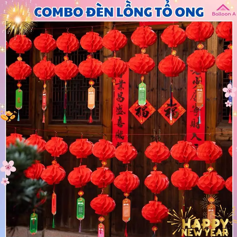 [GIÁ SỈ] Combo 10/30/50/100 Lồng Đèn Nilong Tổ Ong Màu Đỏ Trang Trí Tết 2026 - Decor Nhà Cửa, Quán Cafe, Background Sân