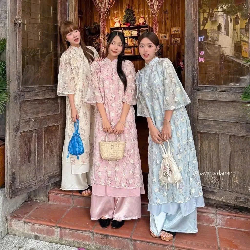 [TẶNG QUẦN] Áo dài cách tân thêu thắt nơ kèm quần dáng suông siêu xinh tà áo cách điệu nhiều lớp