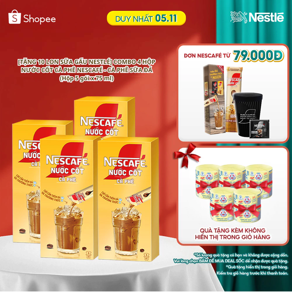 [TẶNG 10 LON SỮA GẤU NESTLÉ] COMBO 4 HỘP NƯỚC CỐT CÀ PHÊ NESCAFÉ - CÀ PHÊ SỮA ĐÁ (hộp 5 gói x 75 ml)