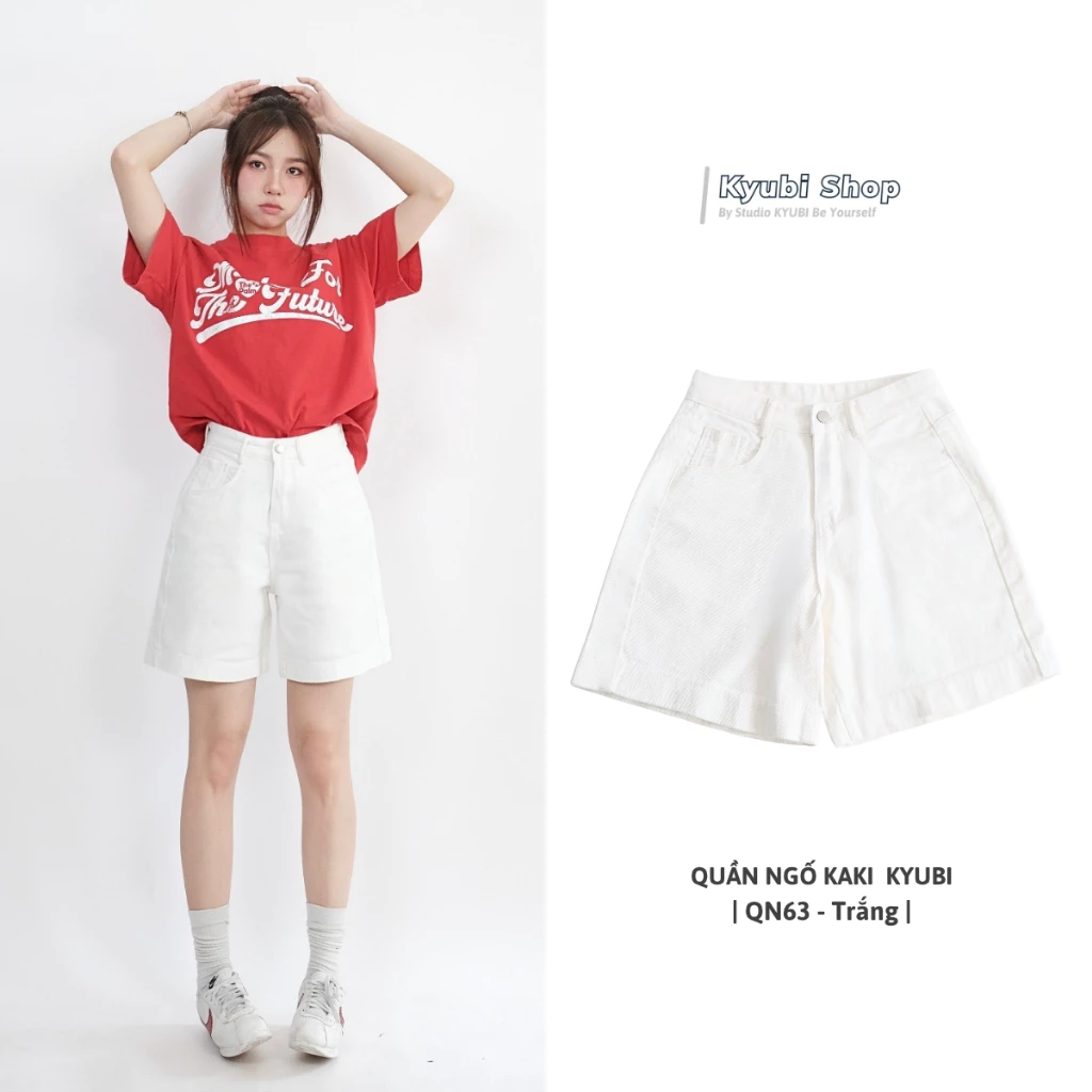 Quần short kaki ngố nữ Trắng lưng cao Ulzzang Kyubi  -  Quần đùi jean cạp cao ngố ống rộng sẵn gầu QN63