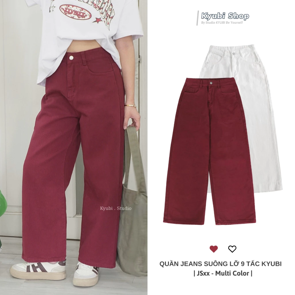 Quần jeans ống rộng 9 tấc cao dáng cho Nấm Lùn màu đỏ trend maroon red  (có bigsize) - quần bò dài cao Kyubi JS33