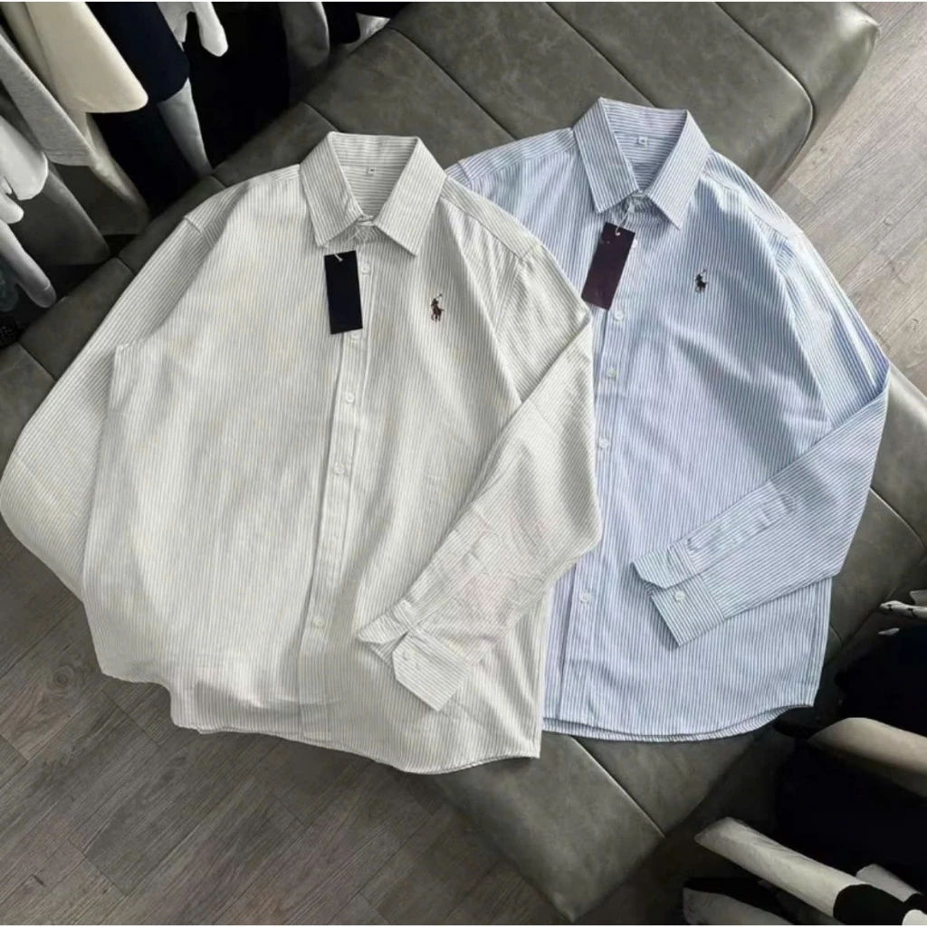 Áo Sơ Mi Nam Nữ Phối Kẻ Sọc Họa Tiết Thêu Logo Ngựa From Ôm Chất Cotton Chống Nhăn Cao Cấp