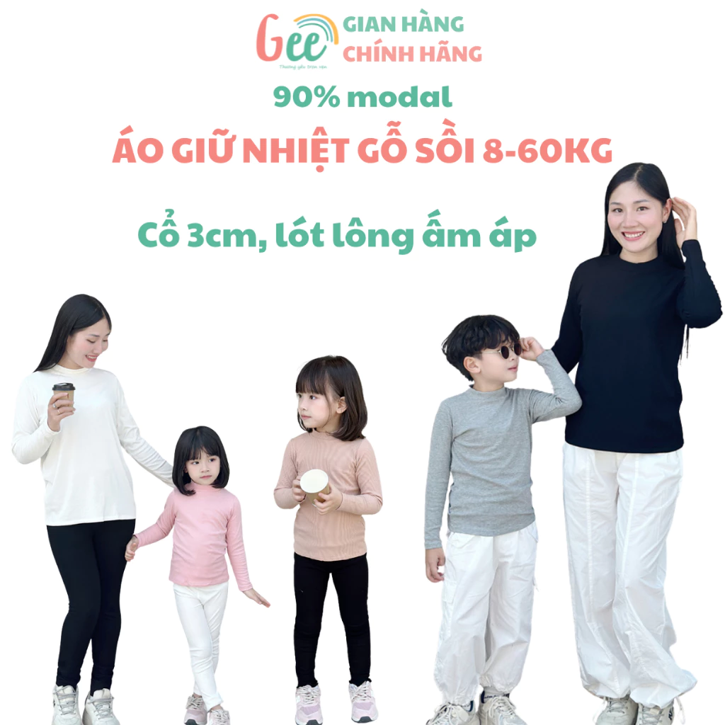 Áo giữ nhiệt cổ lọ 3cm len tăm lót lông Gee cho bé trai, bé gái 8-60kg, áo thu đông dài tay, vải gỗ sồi mềm mịn, co giãn