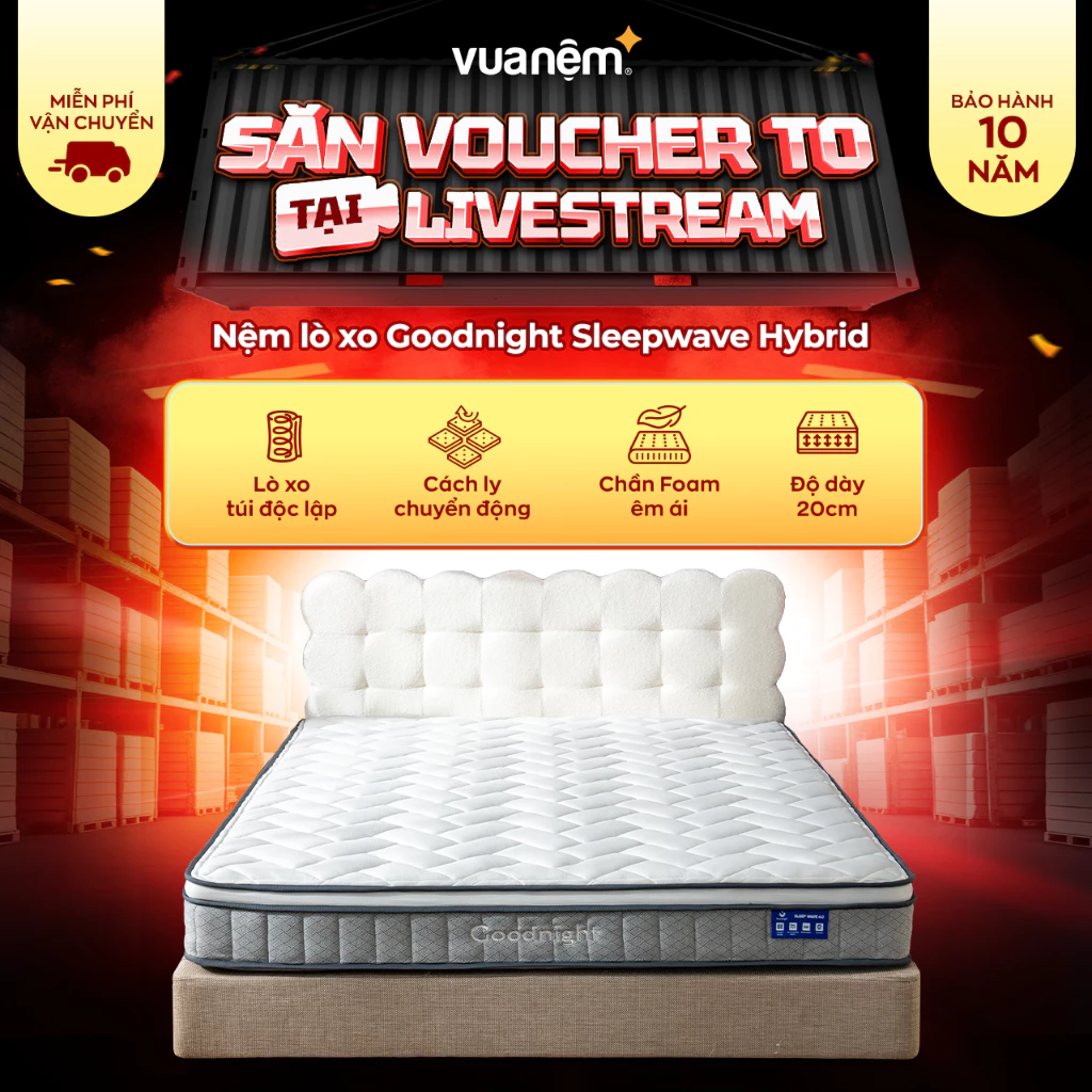 Nệm Lò Xo Vua Nệm Goodnight Sleepwave Hybrid 20cm, Đệm Lò Xo Khách Sạn Cách Ly Chuyển Động