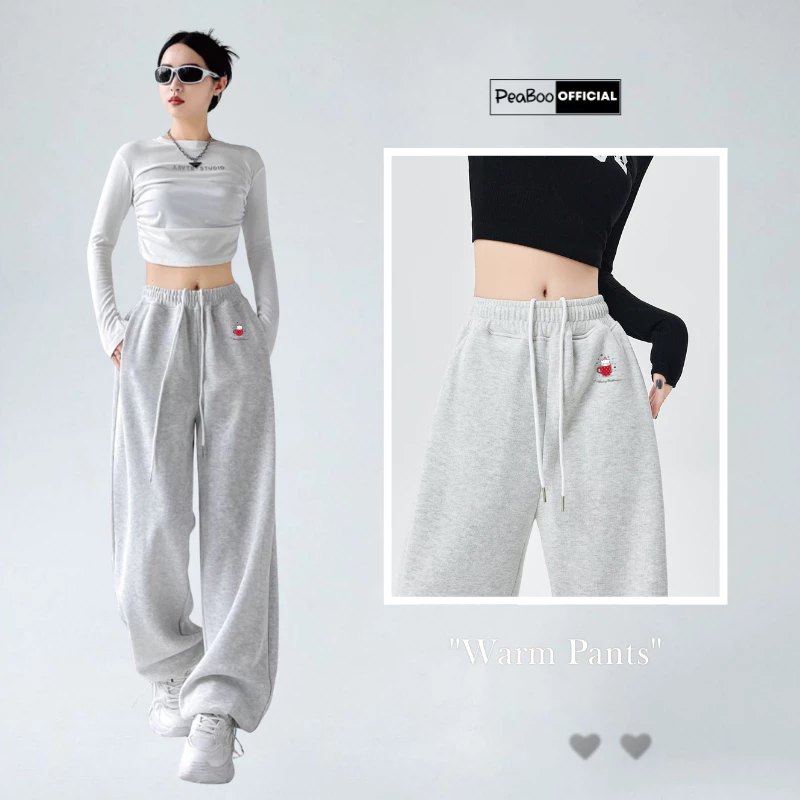 Quần Nỉ 2 Da, Quần Dài Form Rộng Unisex By Peaboo Mã BST03 Cạp Chun Co Giãn, Ống Quần Có Dây Rút Bo Ống Năng Động