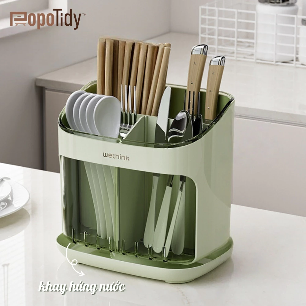 Ống Đựng Đũa Muỗng Nhiều Ngăn Popotidy, Hộp Để Đũa Thìa Nhà Bếp Để Bàn Có Khay Hứng Nước Chống Ẩm Mốc