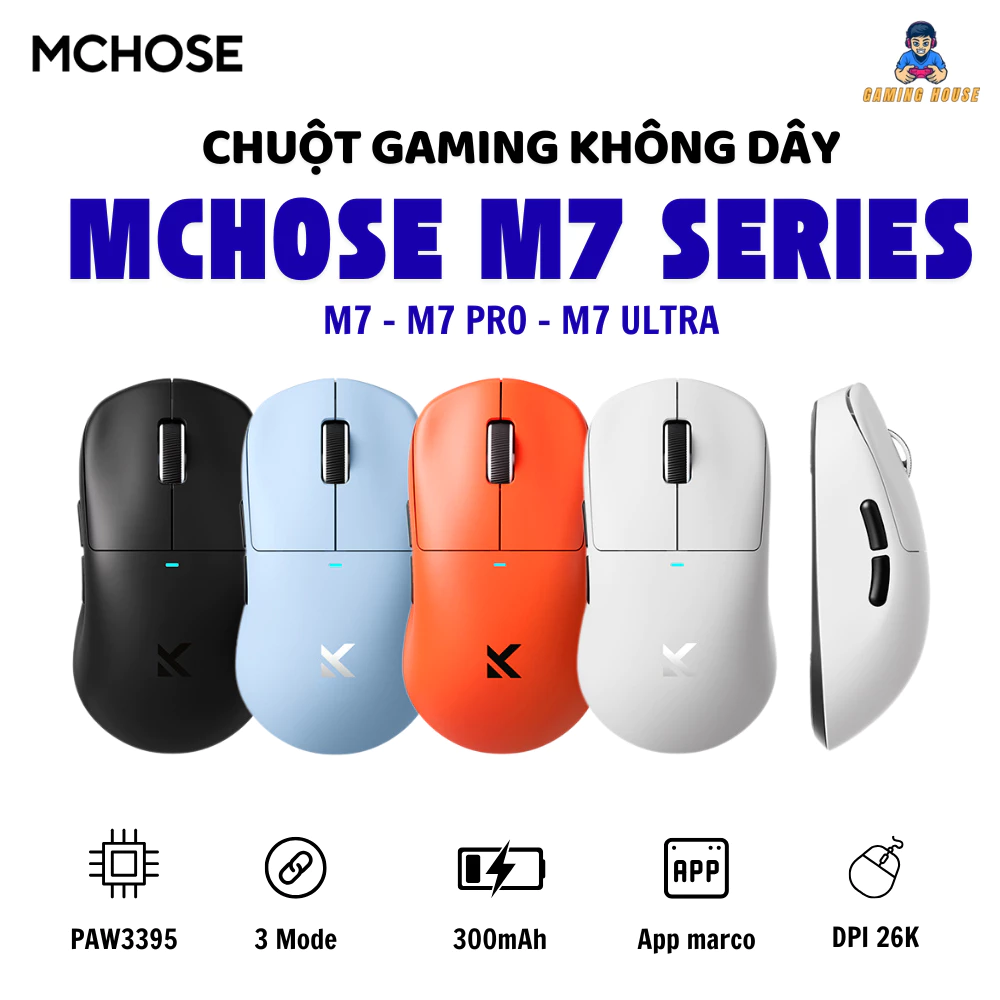 Chuột không dây MCHOSE M7 Series - 3 mode kết nối - Paw3395 - DPD 26000 - APP tùy chỉnh