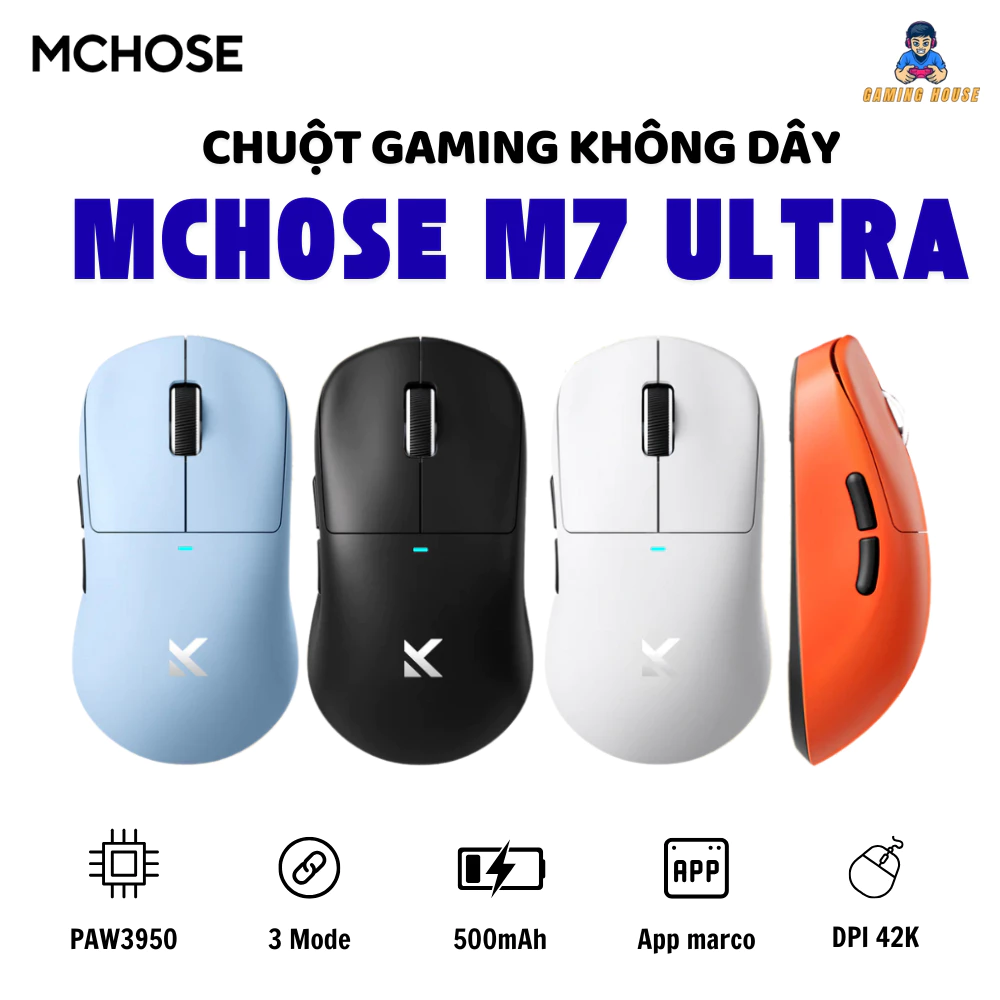Chuột không dây MCHOSE M7 ULTRA - 3 mode kết nối - Paw3950 - Pin 500mAh - DPD 42000 - APP tùy chỉnh