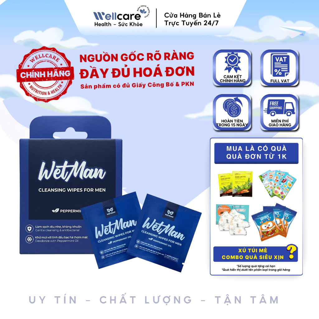 [✨CHÍNH HÃNG]  Khăn Ướt Vệ Sinh Vùng Kín Cho Nam Wetman Hương Bạc Hà hộp 10 miếng -  Dịu Nhẹ Cân Bằng PH