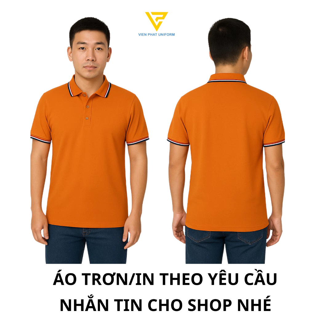 Áo Thun POLO Cá Sấu 4 Chiều Polo Màu CAM PHỐI 3 SỌC- VIỄN PHÁT UNIFORM - FORM SUÔNG Đồng Phục