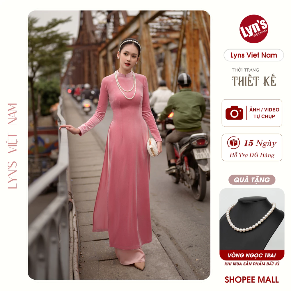 Áo dài nhung the LADN25002P màu hồng phấn thiết kế cao cấp, form truyền thống tôn dáng thanh lịch, co giãn nhẹ