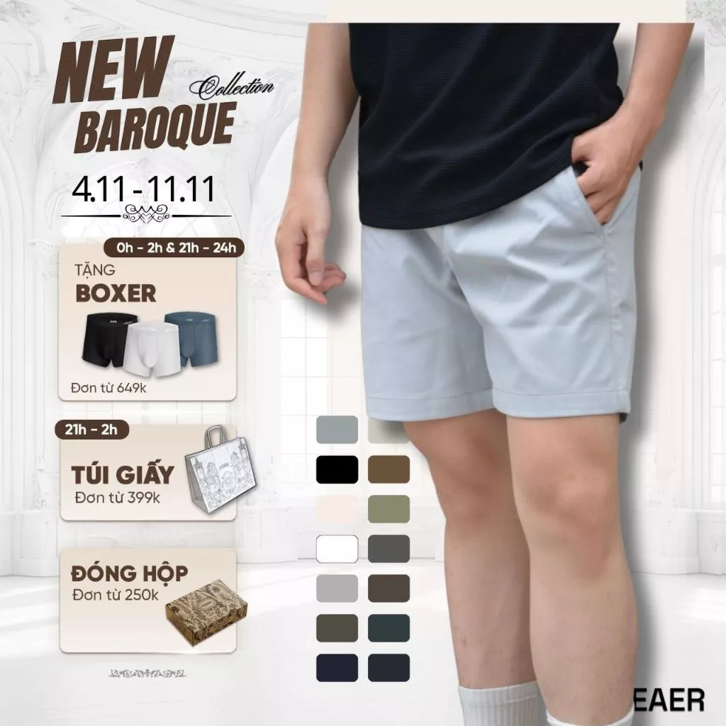 Quần Short Kaki  Nam Basic Sleek Vải Kaki Cá Sấu Lưng Chun, Co Giãn Thoải Mái, Trẻ Trung, Năng Động - FEAER