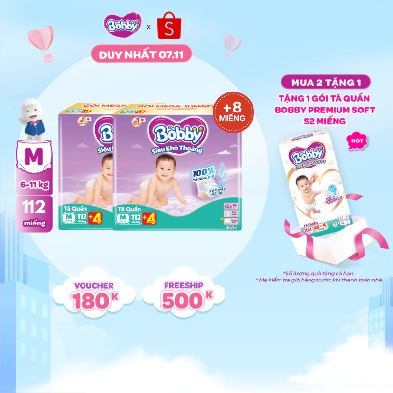 [TẶNG MIẾNG NGẪU NHIÊN] Combo 02 tã quần Bobby Khô Thoáng - 100% Thoáng Khí Mega Jumbo M112/L96/XL84/XXL76