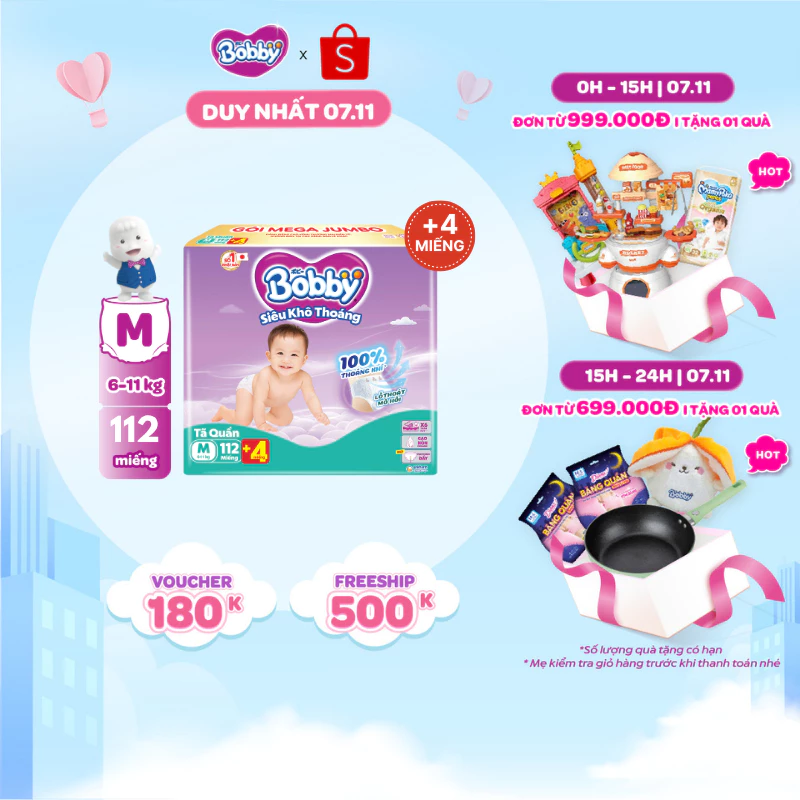 [TẶNG MIẾNG NGẪU NHIÊN] Tã quần Bobby Khô Thoáng - 100% Thoáng Khí Mega Jumbo  M112/L96/XL84/XXL76