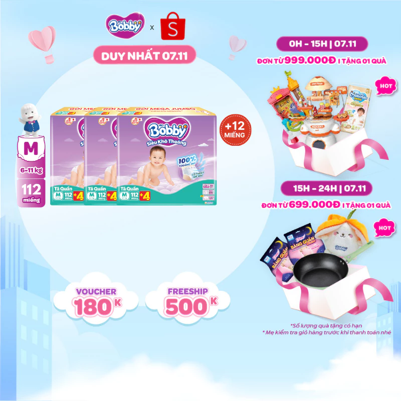 [TẶNG MIẾNG NGẪU NHIÊN] Combo 3 tã quần Bobby Siêu Khô Thoáng - 100% Thoáng Khí Mega Jumbo M112/L96/XL84/XXL76