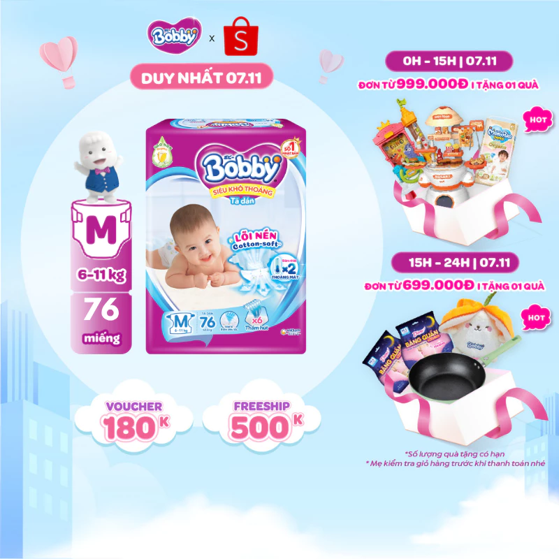 Tã dán Bobby S80/M76/L68/XL62/XXL56 mới- Lõi nén cotton-soft 3mm:S80