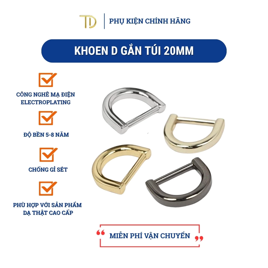 Set 2 cái khoen chữ d, móc chữ d kim loại cao cấp dùng cho túi xách, balo, phụ kiện làm túi 2cm