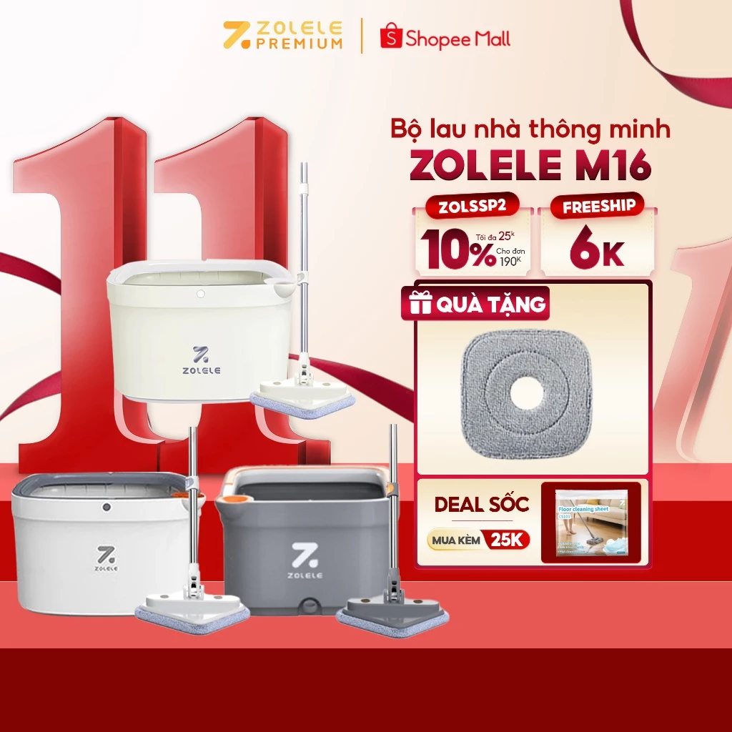Bộ cây lau nhà ZOLELE 360 độ tự vắt 2 ngăn tách riêng nước bẩn M16 - Chính hãng
