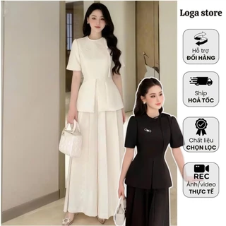 Set đồ nữ sang chảnh màu kem, set áo peplum và quần ống rộng xếp ly, set quần áo nữ công sở thanh lịch Loga store _L161