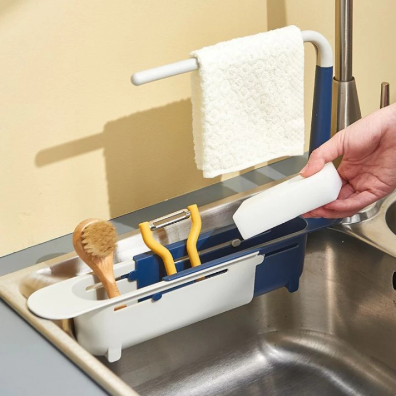Giá đỡ gắn bồn đựng dụng cụ rửa chén, khay nhựa điều chỉnh kéo dài có lỗ thoát nước, có thanh treo khăn tiện lợi 4546