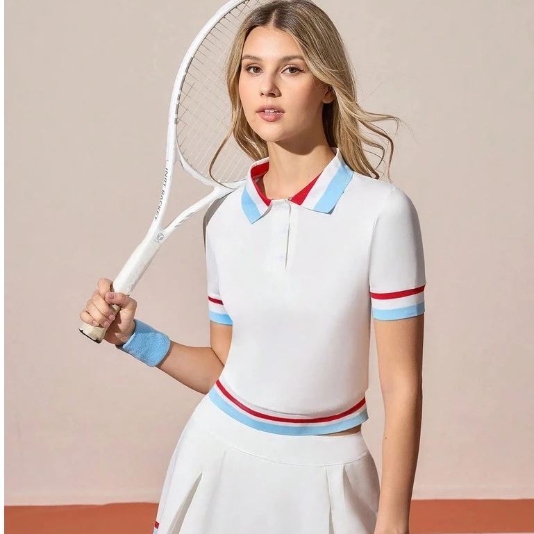 Áo Pickleball Nữ UYNSPORTY Croptop Tay Ngắn Phối Sọc Màu – Tennis, Pickleball , Áo Thể Thao Nữ