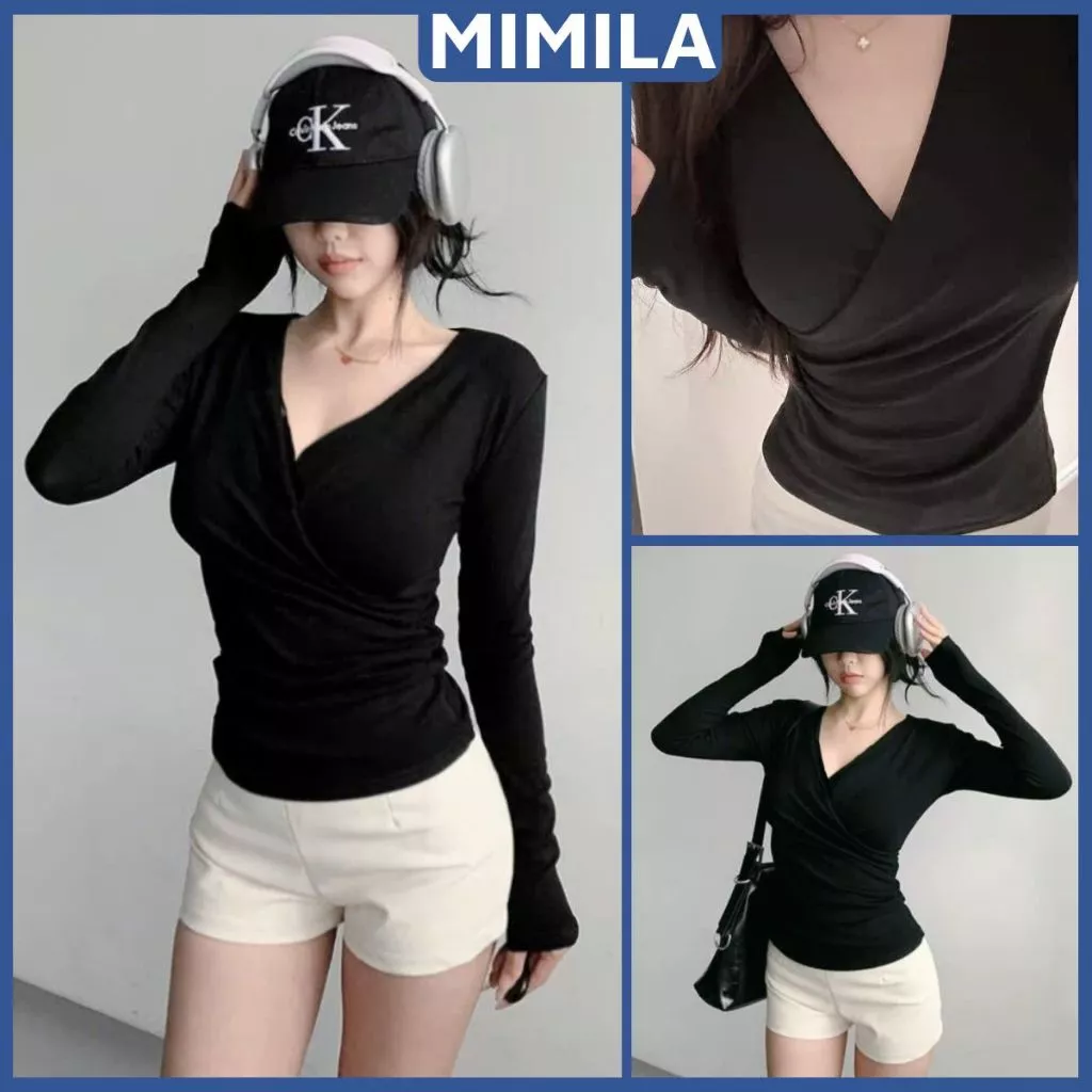 [CÓ SIZE] Áo Kiểu Dài Tay Nữ Cổ Tim Vạt Chéo MIMILA Mặc Thu Đông Ôm Tôn Dáng Chất Cotton - MA347