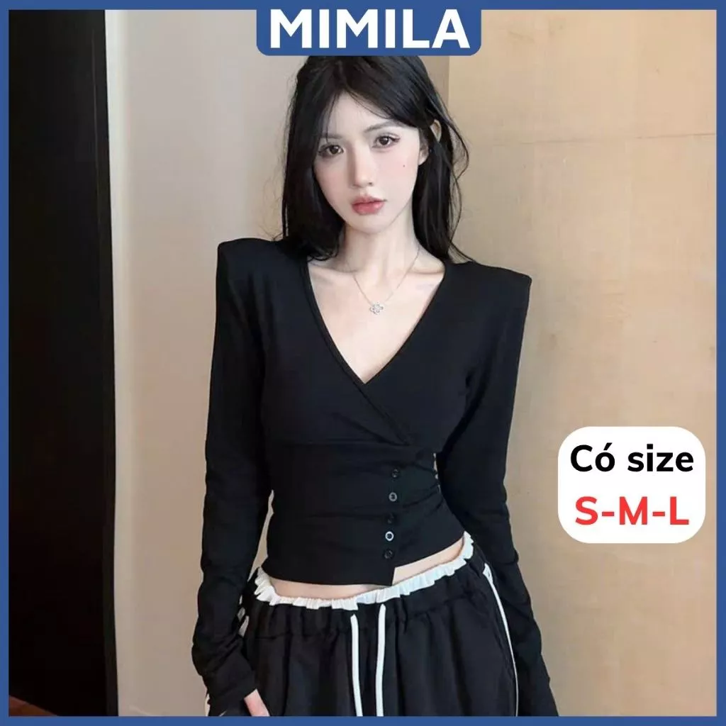 [CÓ SIZE] Áo Thun Kiểu Croptop Dài Tay Cổ Chữ V Đính Cúc Tôn Eo MIMILA Mặc Thu Đông Cho Nữ Chất Thun Cotton - MA348