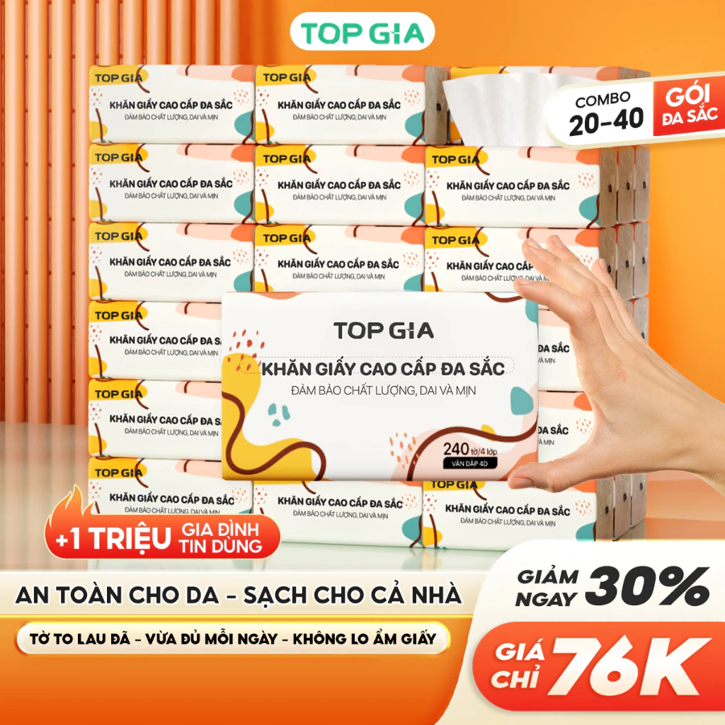 [SIÊU TIẾT KIỆM] Giấy ăn rút Topgia đa sắc cao cấp 240 tờ 4 lớp, dập vân 4D, mềm mịn, thấm hút tốt