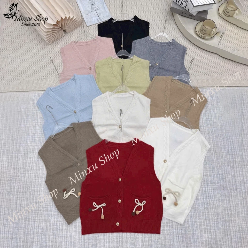 (Lẻ Áo Gile) Áo Len GiLe Nữ Cổ V Basic 2 Túi Kết Nơ Khuy Mạ Bảng Màu Mới Lạ Hàng QC Minxu Shop GL36K
