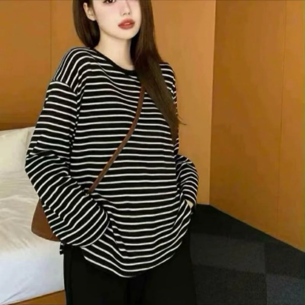 Áo thun nữ dài tay hottrend chất thun nhẹ con giãn thu đông sọc vằn