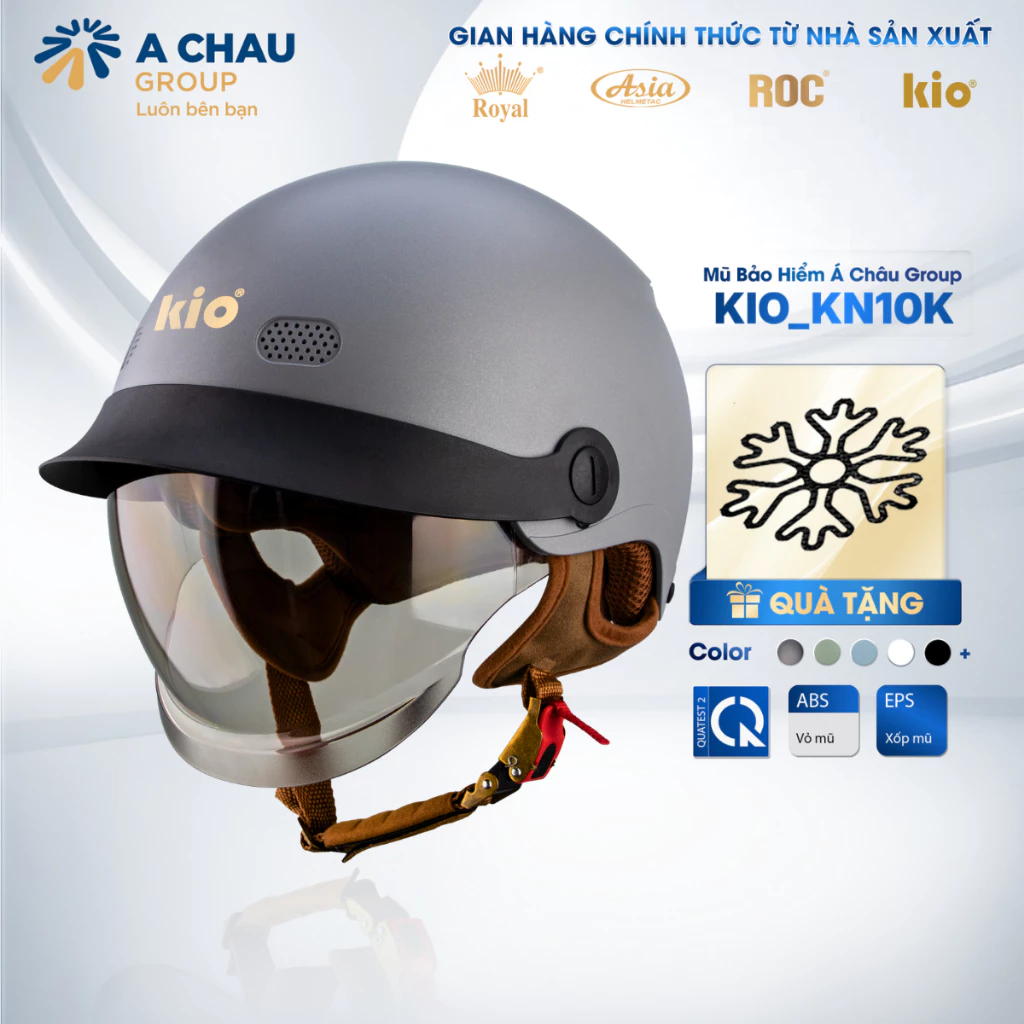 [Full màu] Mũ Bảo Hiểm Nửa Đầu Kio KN10K Á Châu Group, Kính Âm Màu Trà Hạn Chế Tia UV