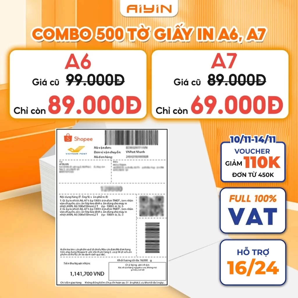 Giấy In Nhiệt A6, A7 Tệp 500 Tờ, Giấy In Đơn Hàng, In Đơn TMĐT, Tem Nhãn Vận Chuyển, Có Sẵn Keo Dán