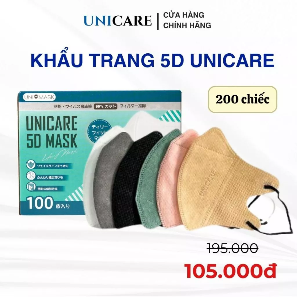 Khẩu trang 5D Unicare, Combo 200 chiếc khẩu trang 3 lớp kháng khuẩn vải không dệt, chống bụi mịn