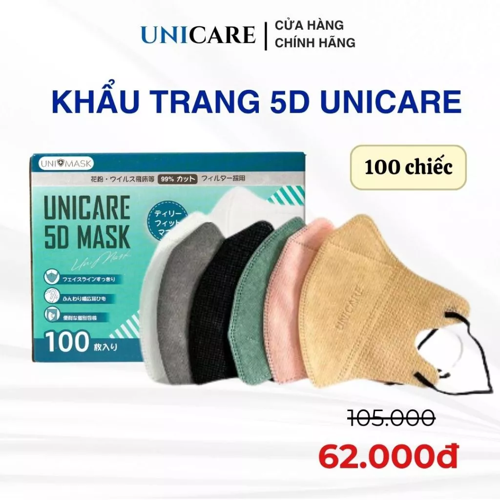 Combo 100 chiếc khẩu trang 5D Unicare 3 lớp chống tia UV và chống bụi mịn, 6 màu sắc thời trang