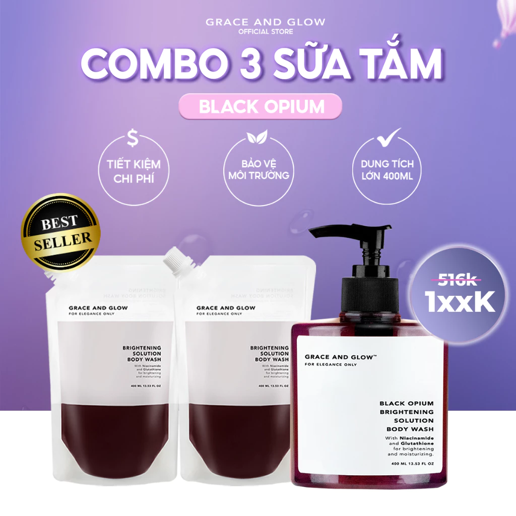 Combo sữa tắm và túi refill sữa tắm trắng da kem dưỡng thể 400ml Black Opium nước hoa thơm lâu tắm niacinamide