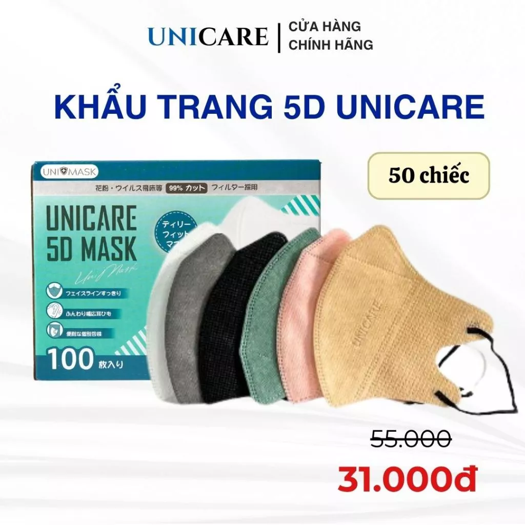Khẩu trang 5D Unicare 3 lớp thế hệ mới, chống bụi, kháng khuẩn, chống tia UV, màu sắc thời trang