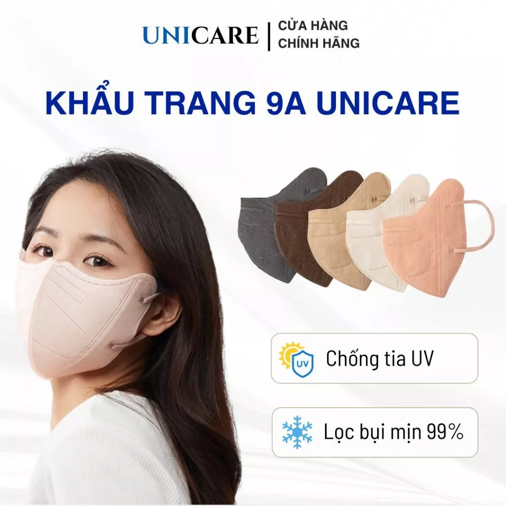 Khẩu trang 9A Unicare, combo 100 chiếc khẩu trang kháng khuẩn chống tia UV và lọc bụi mịn - Hàng chính hãng