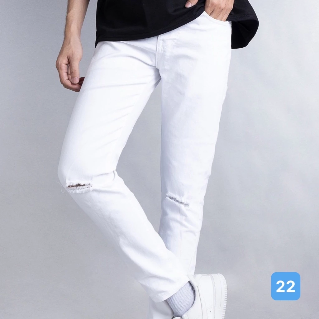 Quần bò nam ống suông, quần bò OBOKFASHION màu trắng rách gối dễ phối đồ phong cách hàn quốc co giãn cao cấp QDN07