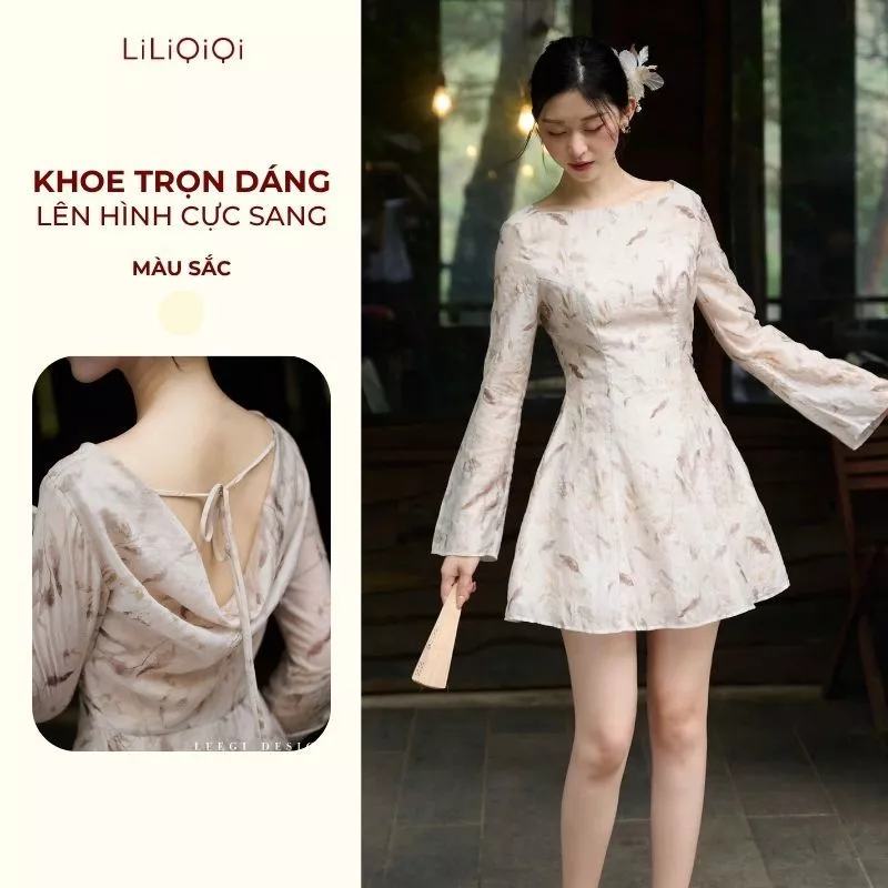 Váy Nữ Sang Chảnh Dáng Ngắn Tơ Họa Tiết Xước Cổ Đổ Sau Lưng ROMAN Đi Chơi LiLiQiQi By LeeGi - VN907