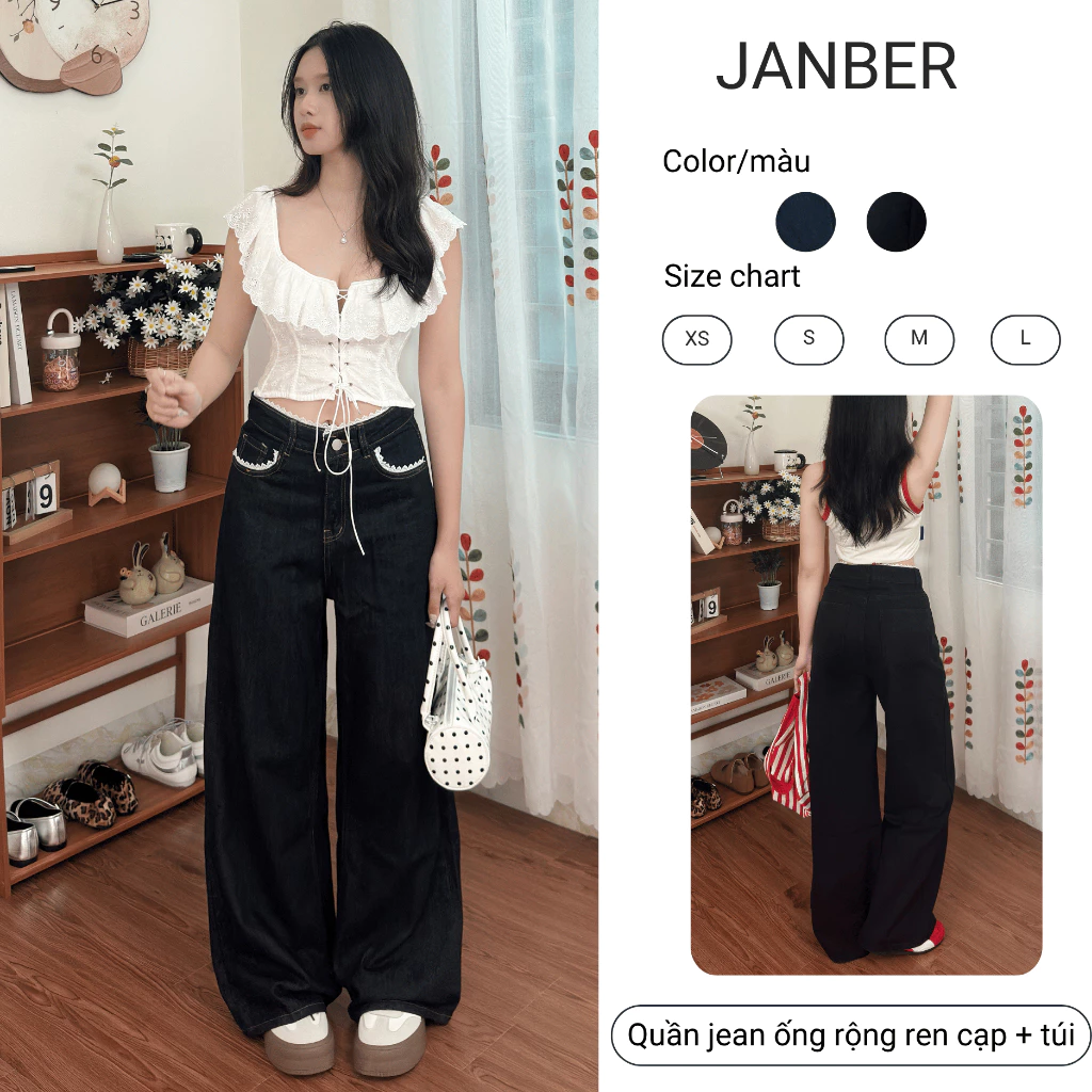 (JANBER - DEAL MỞ BÁN) Quần Jean Nữ Suông Ống Rộng Lưng Cao Phối Ren Cạp, Túi Nổi Bật Tôn Dáng T06