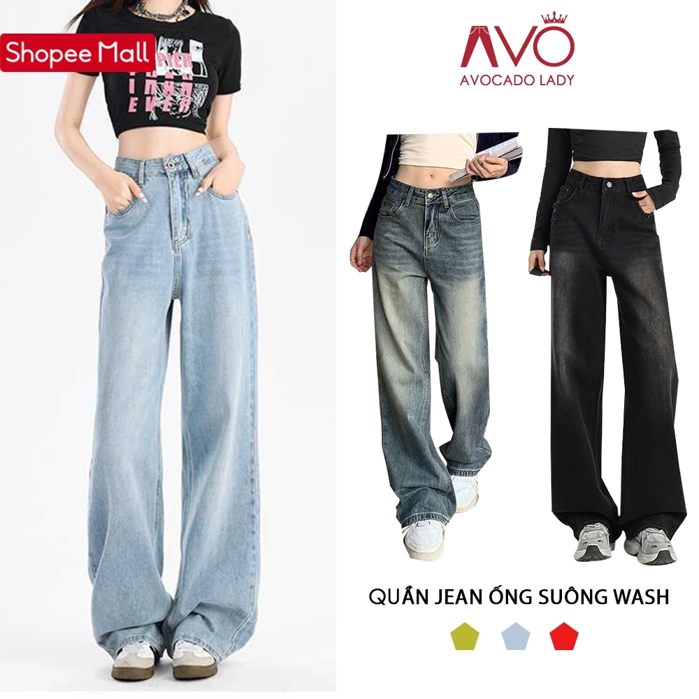Quần Jeans Bò Ống Suông Rộng Wash RETRO Avo Avocado Cạp Cao Tôn Dáng Dài Wash Ống Rộng Tôn Dáng Nam Nữ