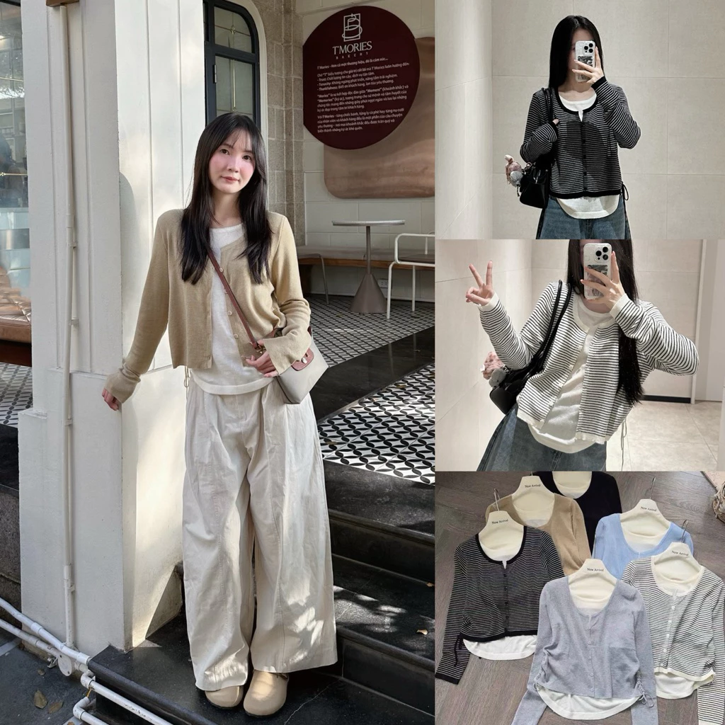[Steezy] Áo len dài tay hai lớp giả cardigan phối màu vạt bầu nhún sườn form rộng, áo len dài tay thu đông cho nữ L8160