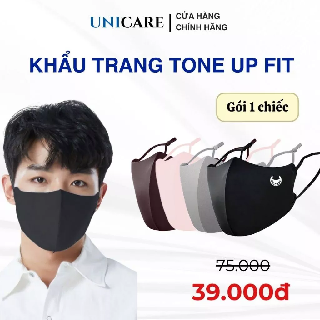 Khẩu trang Unicare TONE UP FIT, khẩu trang chống nắng và tia UV và dây đeo có nút điều chỉnh không gây đau tai, vải mềm