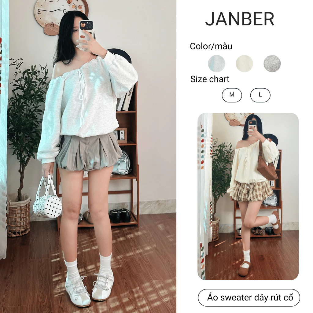 (JANBER - DEAL MỞ BÁN) Áo Sweater Trễ Vai Dáng Rộng Dây Rút, Vải Mì Hàn Mềm Mịn, Trẻ Trung Năng Động