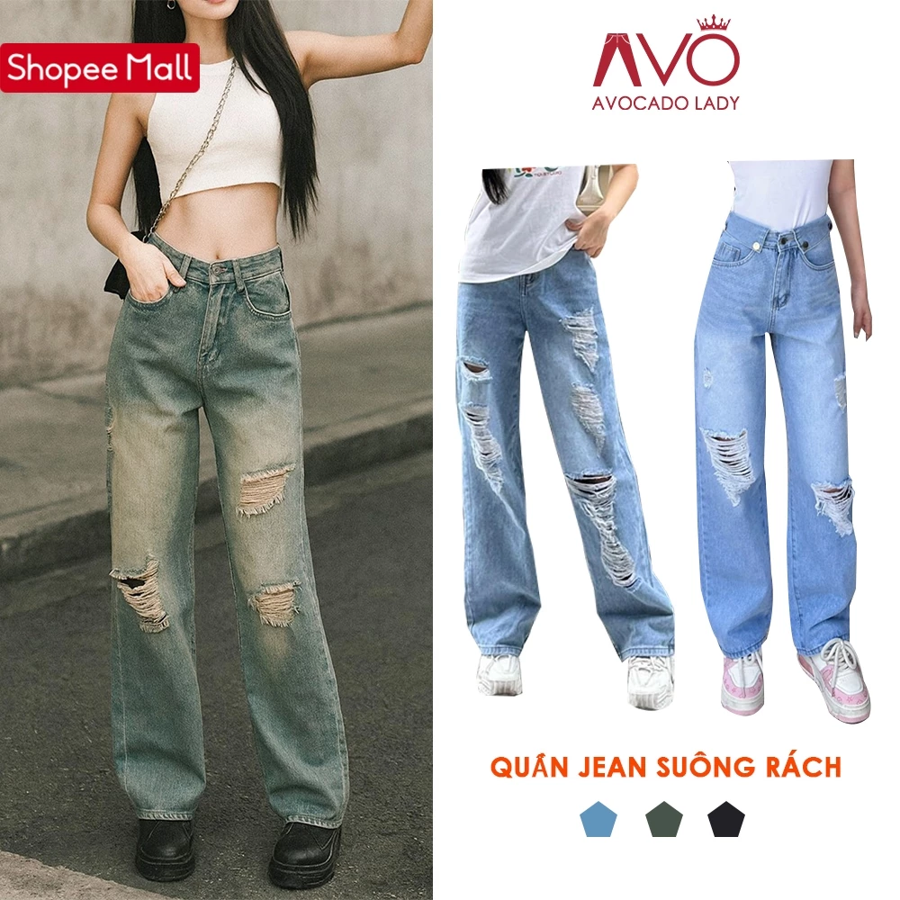 Quần Bò Jeans ống suông rộng nữ lưng cao phối Rách đùi gối cao cấp Avo Avocado